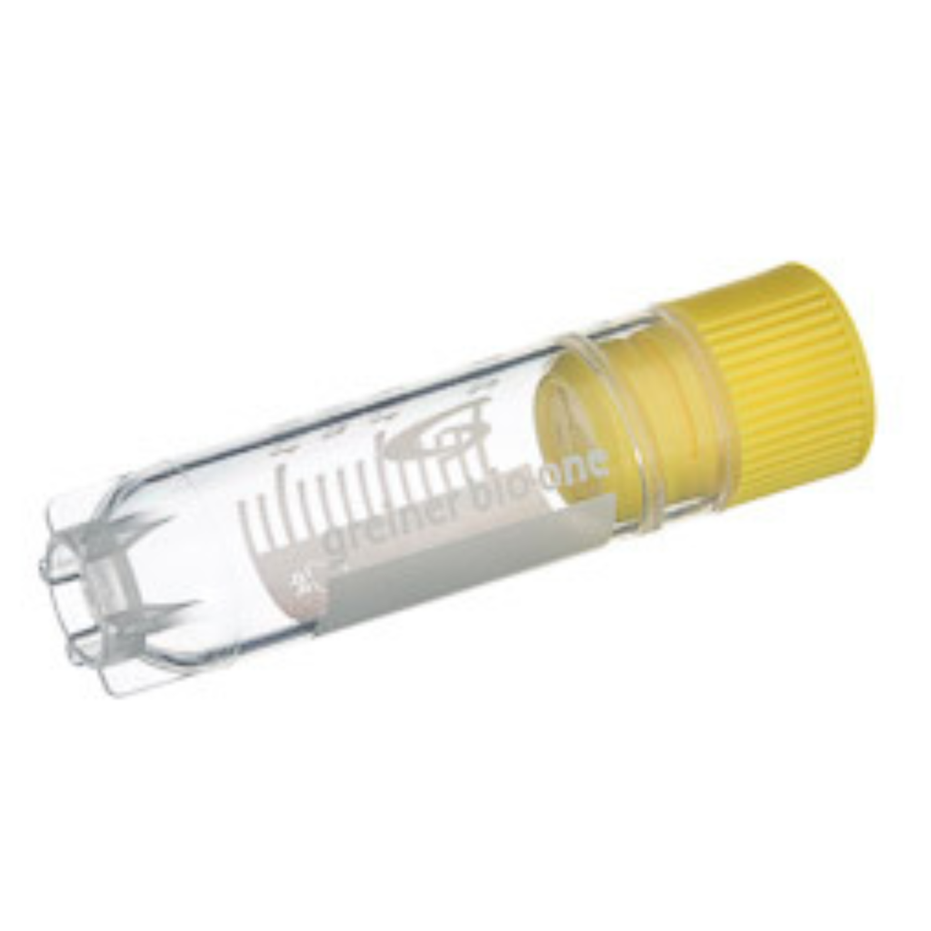 Greiner Bio-One 2 mL Cryo.s Tube, PP, Sterile, Internal Thread Yellow Cap, ID Field, Starfoot Base, Round Bottom, 150 White Cap Inserts per CS