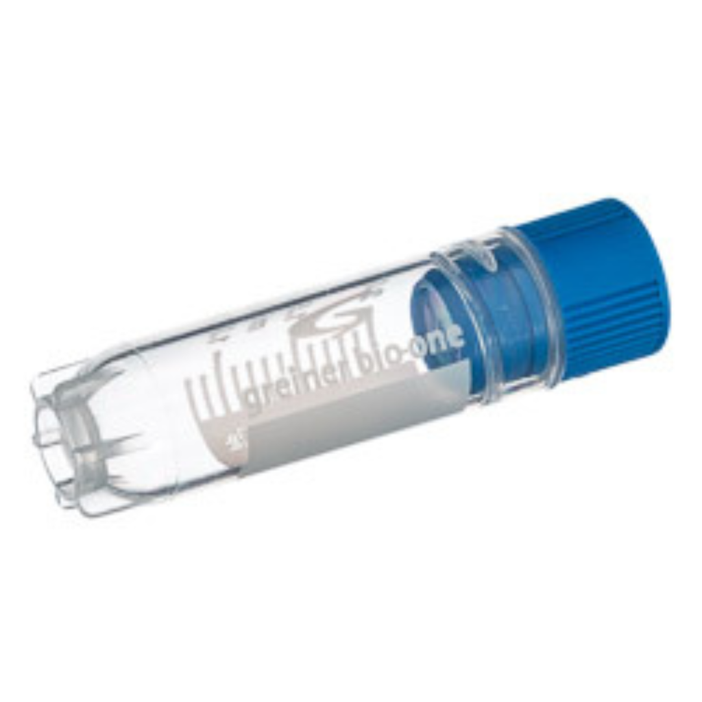 Greiner Bio-One 2 mL Cryo.s Tube, PP, Sterile, Internal Thread Blue Cap, ID Field, Starfoot Base, Round Bottom, 150 White Cap Inserts per CS