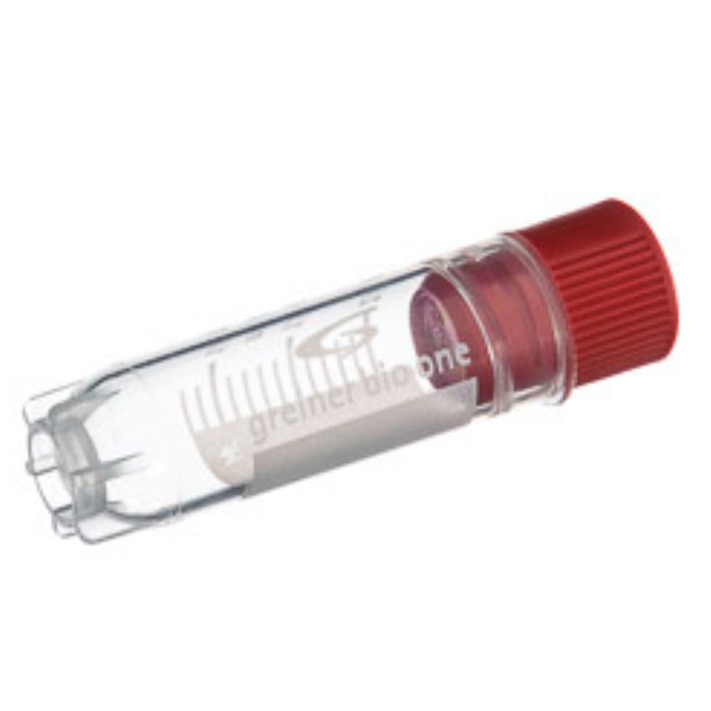 Greiner Bio-One 2 mL Cryo.s Tube, PP, Sterile, Internal Thread Red Cap, ID Field, Starfoot Base, Round Bottom, 150 White Cap Inserts per CS