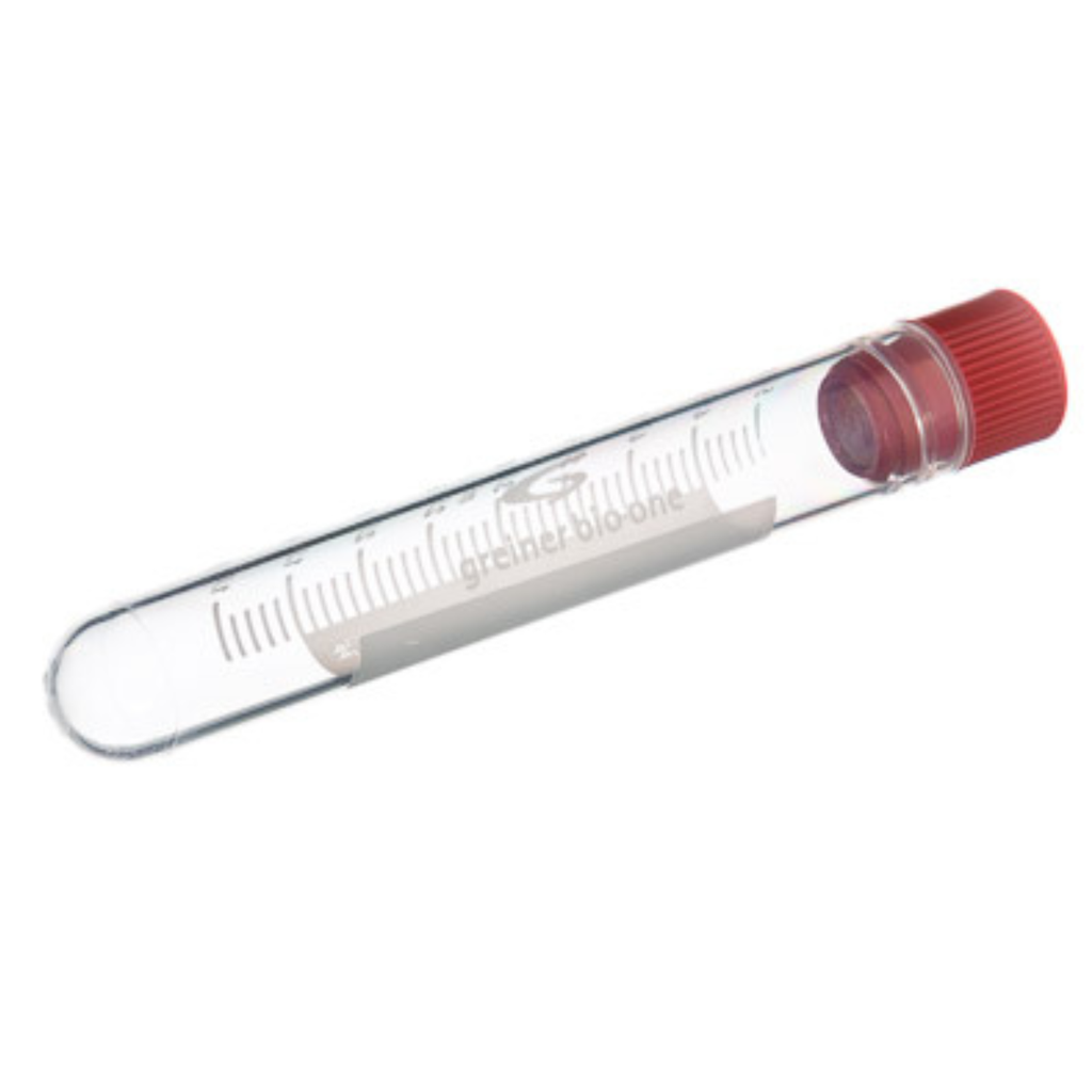 Greiner Bio-One 5 mL Cryo.s Tube, PP, Sterile, Internal Thread Red Cap, ID Field, Round Bottom, 100 White Cap Inserts per CS