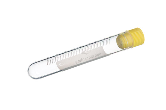 5 mL Cryo.s Tube, PP, Sterile, Internal Thread Yellow Cap, ID Field, Round Bottom, 100 White Cap Inserts per CS, Case of 300