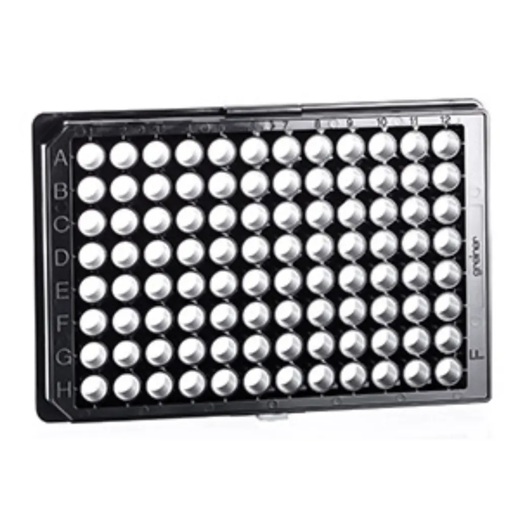 96W Cell-Repellent Plate, PS, Sterile, Flat Bottom, Black uClear, w/Lid, Case of 32