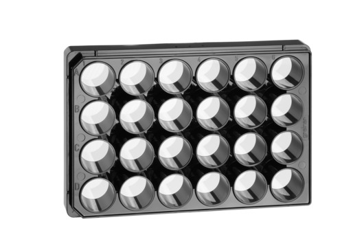 24W SensoPlate, PS, Sterile, Flat Bottom, Chimney Style, Black/Glass, w/Lid, Case of 12