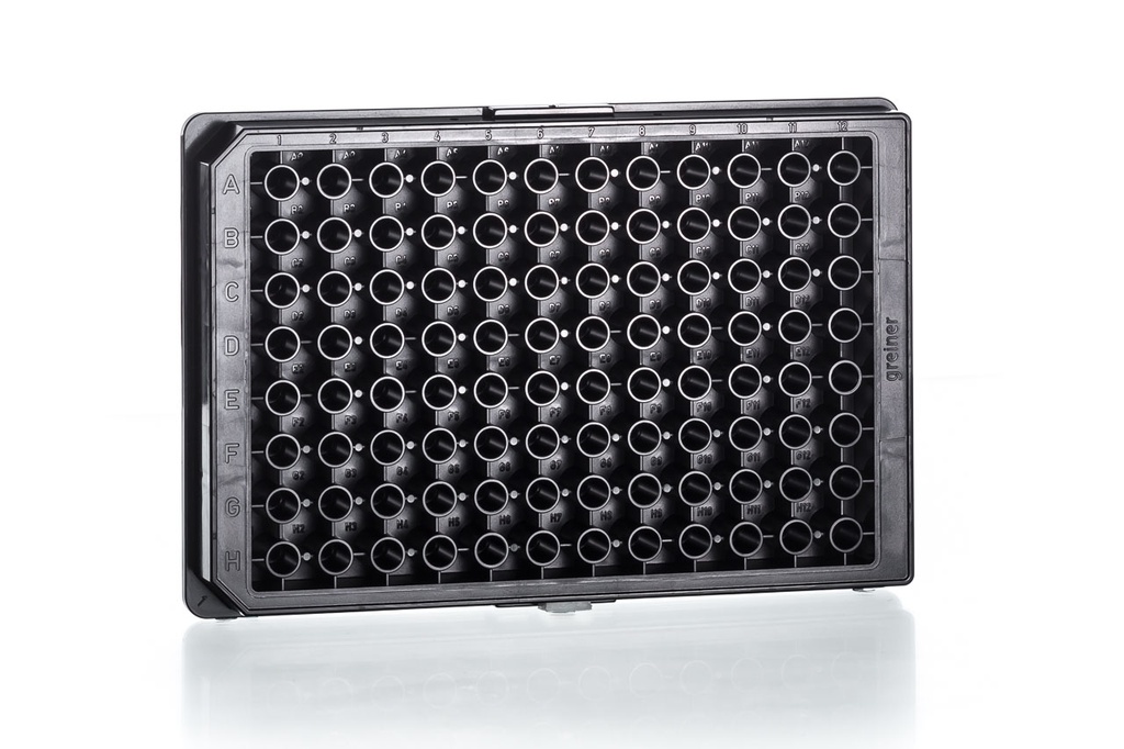 96W Half Area CELLSTAR Plate, PS, TC Treated, Sterile, Flat Bottom, Chimney Style, Black, w/Lid, Case of 32