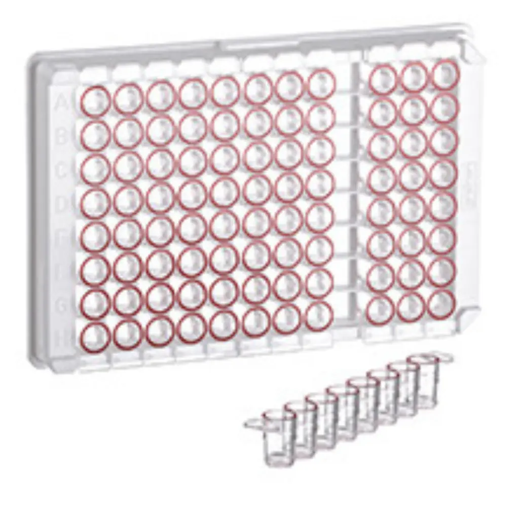 96W C8 Single-break MICROLON 200 Strip Plate, PS, Medium Binding, 1x8 Break-Apart C-Bottom (Flat w/curved edge) Strips, Clear Wells w/Red Rim, Case of 100