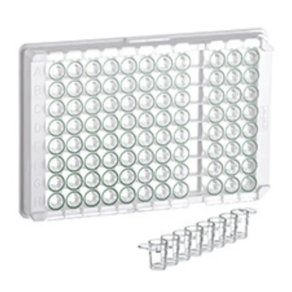 96W C8 Single-break MICROLON 200 Strip Plate, PS, Medium Binding, 1x8 Break-Apart C-Bottom (Flat w/curved edge) Strips, Clear Wells w/Green Rim, Case of 100