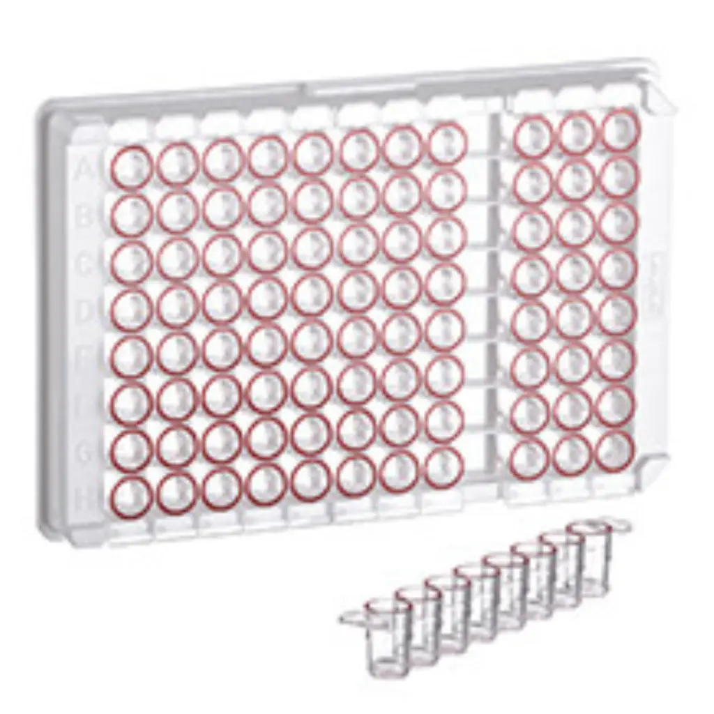 Greiner Bio-One 96W C8 Single-break MICROLON 600 Strip Plate, PS, High Binding, 1 x 8 Break-Apart C-Bottom (Flat w/curved edge) strips, Clear Wells w/Red Rim
