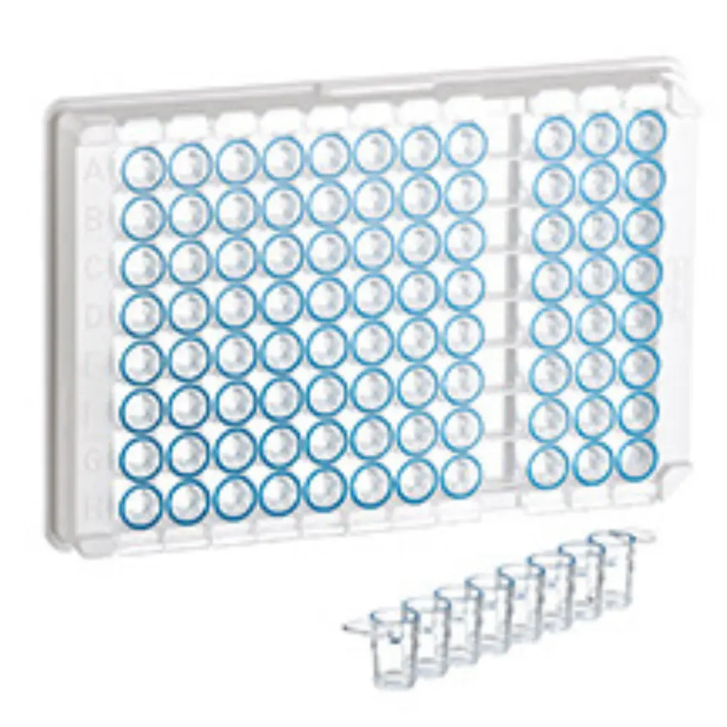 Greiner Bio-One 96W C8 Single-break MICROLON 600 Strip Plate, PS, High Binding, 1 x 8 Break-Apart C-Bottom (Flat w/curved edge) strips, Clear Wells w/Blue Rim
