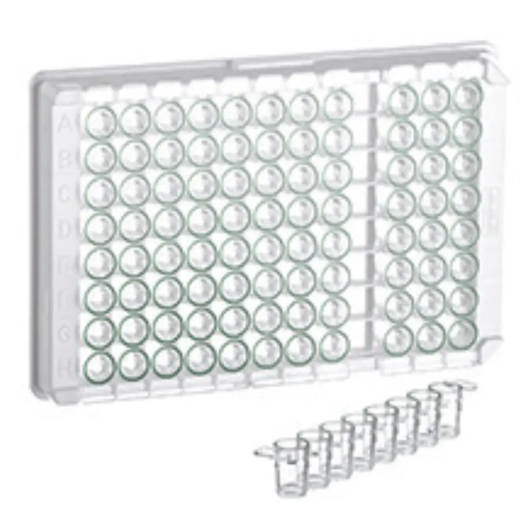 Greiner Bio-One 96W C8 Single-break MICROLON 600 Strip Plate, PS, High Binding, 1 x 8 Break-Apart C-Bottom (Flat w/curved edge) strips, Clear Wells w/Green Rim