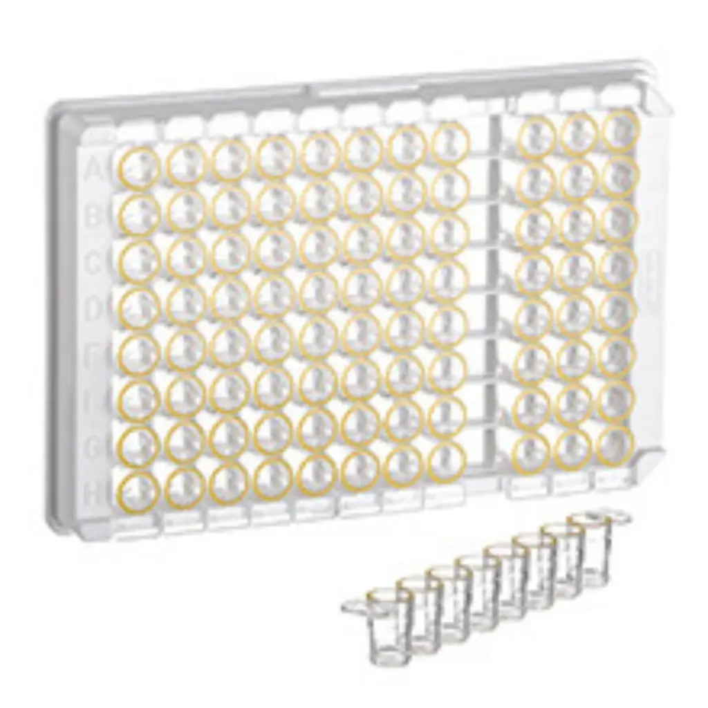 96W C8 Single-break MICROLON 600 Strip Plate, PS, High Binding, 1x8 Break-Apart C-Bottom (Flat w/curved edge) Strips, Clear Wells w/Yellow Rim, Case of 100