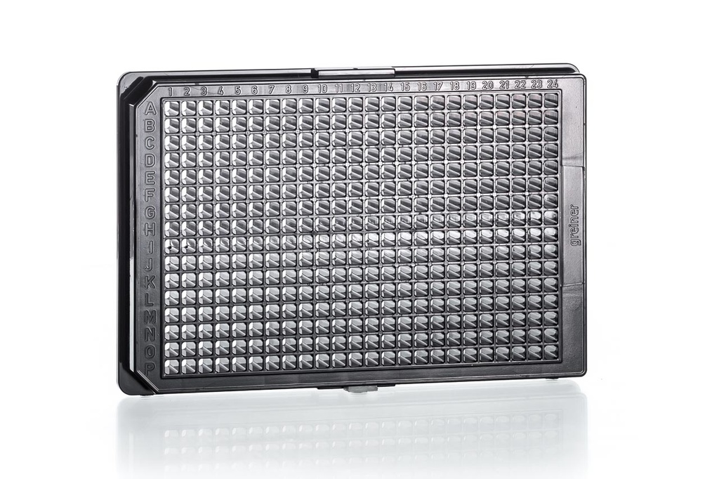 Greiner Bio-One Cell Culture Microplate, 384 Well, PS, F-Bottom, ΜClear®, Black, Lid, TC, Sterile, 8 Pcs./Bag