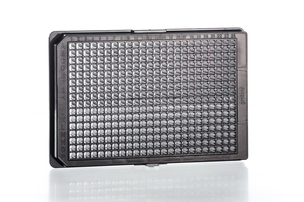 384W Cell-Repellent Plate, PS, Sterile, Flat Bottom, Black uClear, w/Lid, Case of 32