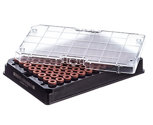 Rack with 96 brown-capped 300ul Cryo.s, Datamatrix barcode (generic 2D sequence), sterile, Case of 960