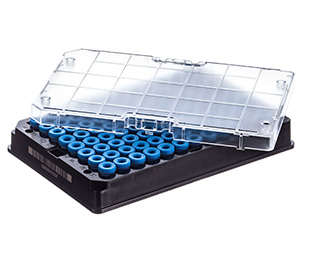 Greiner Bio-One Rack with 96 blue-capped 300µl Cryo.s, Datamatri x barcode (generic 2D sequence)