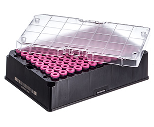 Rack with 96 pink-capped 600ul Cryo.s, Datamatrix barcode (generic 2D sequence), sterile, Case of 960