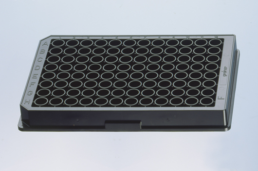 Greiner Bio-One 96W SensoPlate™, PS, Sterile, Flat Bottom, Chimney Style, Black/Glass, w/Lid