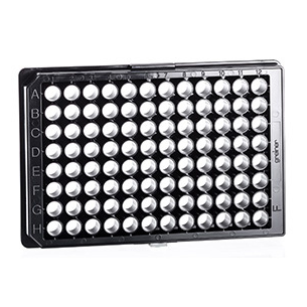 96W Cell-Repellent Plate, PS, Sterile, Flat Bottom, Black uClear, w/Lid, Case of 32