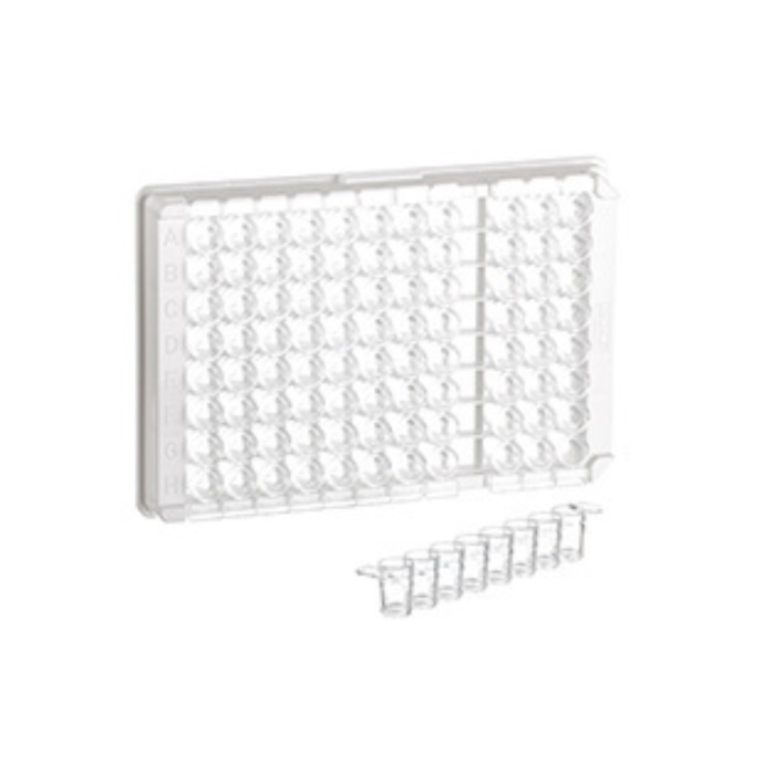 Greiner Bio-One 96W C8 Single-break MICROLON 600 Strip Plate, PS, High Binding, 1 x 8 Break-Apart C-Bottom (Flat w/curved edge) strips, Clear Wells