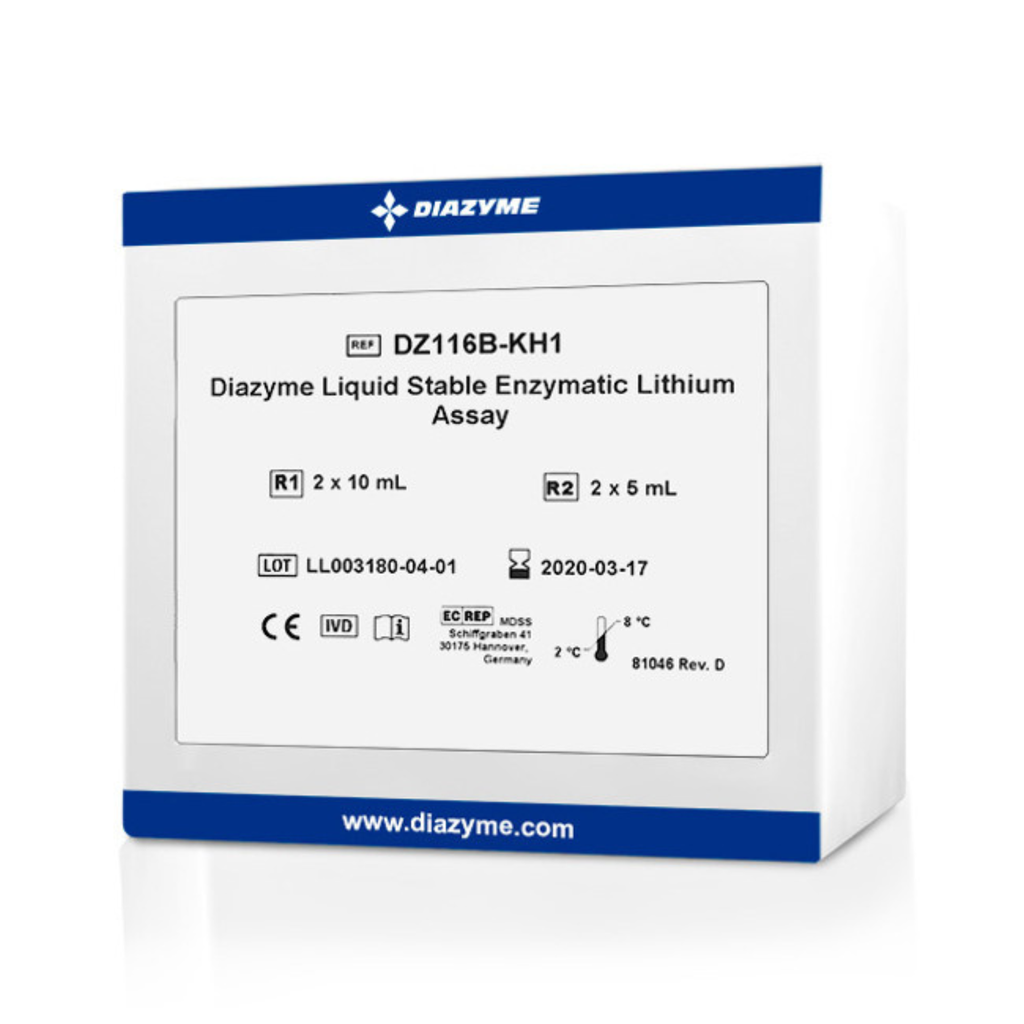 Diazyme Enzymatic Lithium Test Kit (liquid stable), R1: 2 x 20 mL, R2: 2 x 10 mL,  Cal: 3 x 3 mL vial