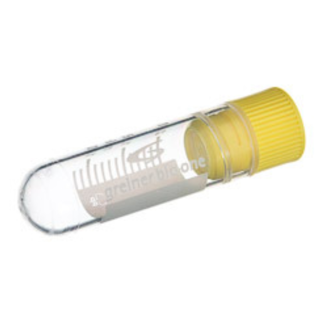 Greiner Bio-One 2 mL Cryo.s Tube, PP, Sterile, Internal Thread Yellow Cap, ID Field, Round Bottom, 150 White Cap Inserts per CS