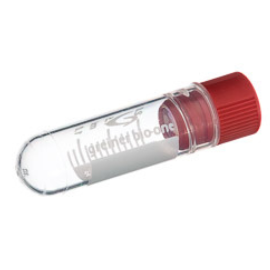 2 mL Cryo.s Tube, PP, Sterile, Internal Thread Red Cap, ID Field, Round Bottom, 150 White Cap Inserts per CS, Case of 500