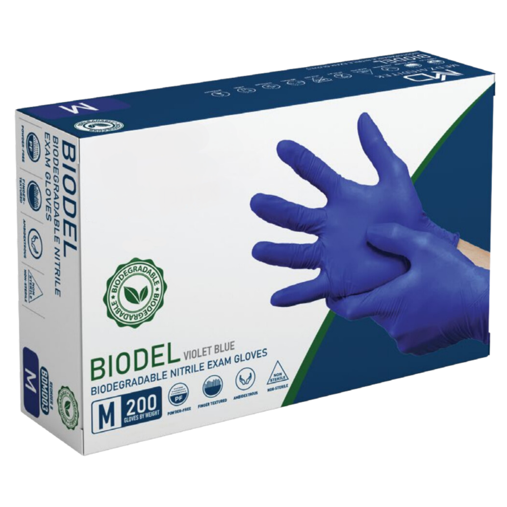 Biodel Violet Blue Biodegradable Nitrile Exam Gloves, Large, Case of 2000