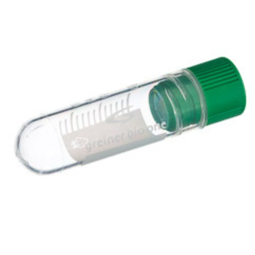 [121277] Greiner Bio-One 2 mL Cryo.s Tube, PP, Sterile, Internal Thread Green Cap, ID Field, Round Bottom, 150 White Cap Inserts per CS