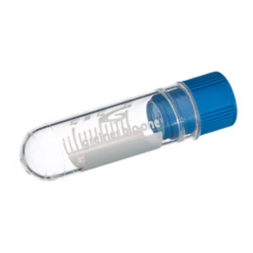 [121279] 2 mL Cryo.s Tube, PP, Sterile, Internal Thread Blue Cap, ID Field, Round Bottom, 150 White Cap Inserts per CS, Case of 500