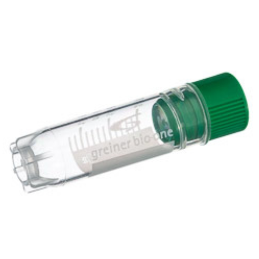 [122277] 2 mL Cryo.s Tube, PP, Sterile, Internal Thread Green Cap, ID Field, Starfoot Base, Round Bottom, 150 White Cap Inserts per CS, Case of 500