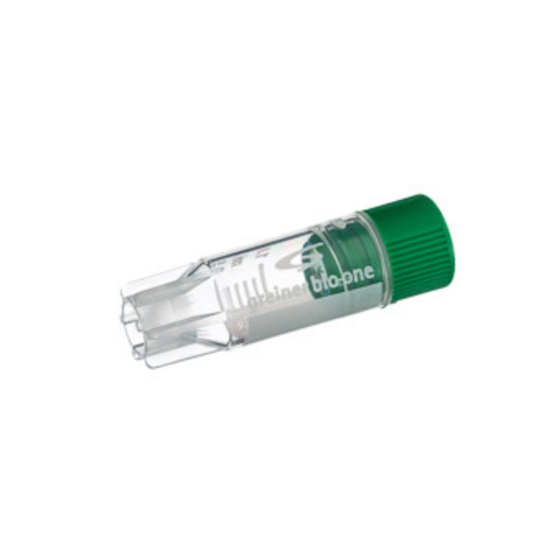 [123277] Greiner Bio-One 1 mL Cryo.s Tube, PP, Sterile, Internal Thread Green Cap, ID Field, Starfoot Base, Conical Bottom, 150 White Cap Inserts per CS