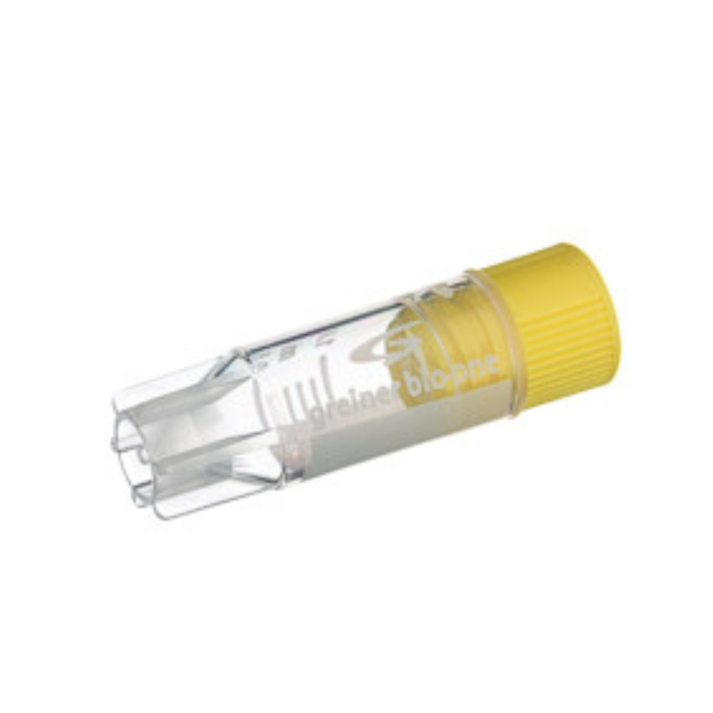 Greiner Bio-One 1 mL Cryo.s Tube, PP, Sterile, Internal Thread Yellow Cap, ID Field, Starfoot Base, Conical Bottom, 150 White Cap Inserts per CS