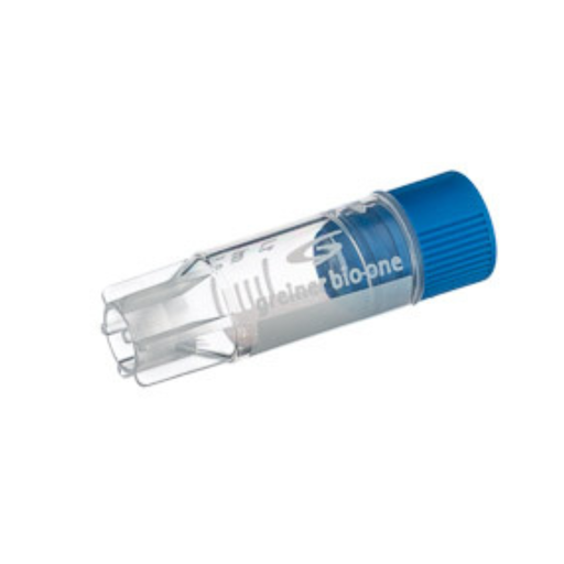 [123279] Greiner Bio-One 1 mL Cryo.s Tube, PP, Sterile, Internal Thread Blue Cap, ID Field, Starfoot Base, Conical Bottom, 150 White Cap Inserts per CS