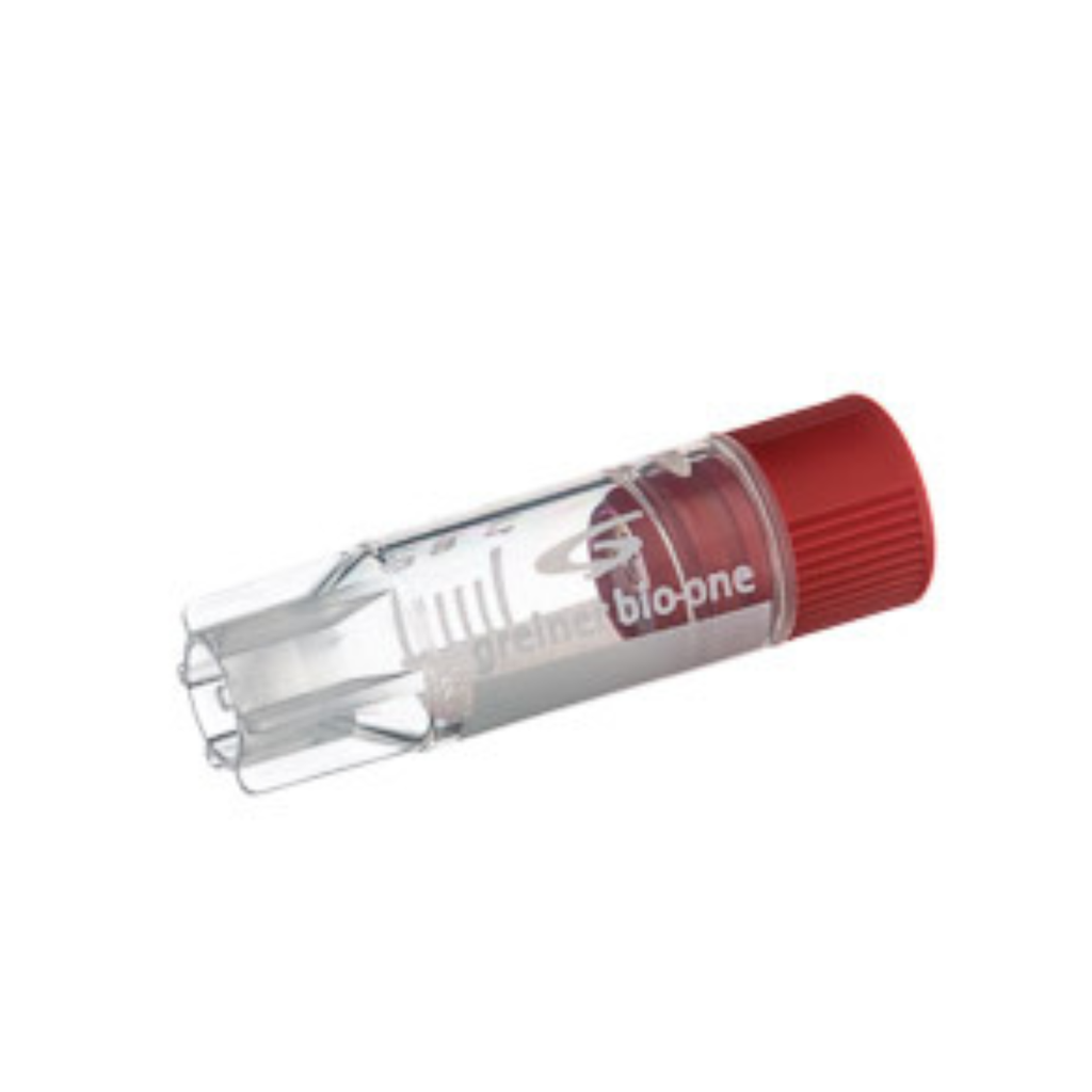 Greiner Bio-One 1 mL Cryo.s Tube, PP, Sterile, Internal Thread Red Cap, ID Field, Starfoot Base, Conical Bottom, 150 White Cap Inserts per CS
