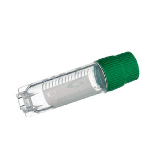 [126277] Greiner Bio-One 2 mL Cryo.s Tube, PP, Sterile, External Thread Green Cap, ID Field, Starfoot Base, Round Bottom, 150 White Cap Inserts per CS