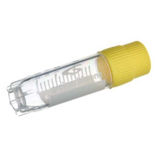 [126278] Greiner Bio-One 2 mL Cryo.s Tube, PP, Sterile, External Thread Yellow Cap, ID Field, Starfoot Base, Round Bottom, 150 White Cap Inserts per CS
