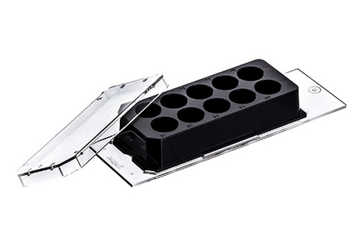 [543978] Cellview Slide 10 Well, Sterile, advanced TC, Sterile, glass bottom, 10 compartments, single packed, Case of 20