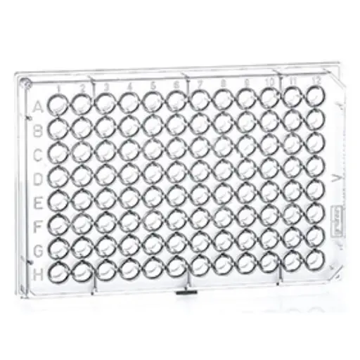 [651970] 96W Cell Repellent Plate, PS, Sterile, Conical (V) Bottom, Clear, w/Lid, Case of 6