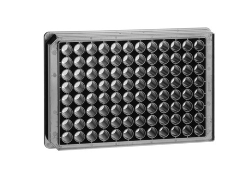 [655891] 96W Ultra Low Base CELLview Plus, CO,TC Treated, Sterile, Flat Bottom, Chimney Style, Black/Glass, w/Lid, Case of 16