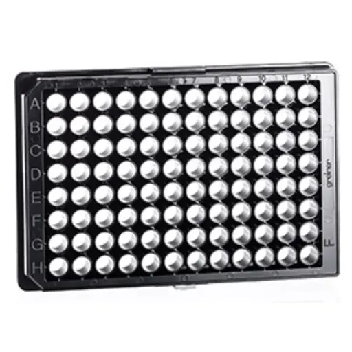 [655936] 96W CELLCOAT Poly-L-Lysine Plate, PS, Flat Bottom, Chimney Style, Black Clear, w/Lid, Case of 20