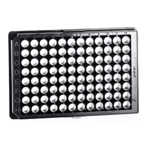 [655986] 96W Advanced TC Plate, PS, Sterile, Flat Bottom, Chimney Style, Black uClear, w/Lid, Case of 32