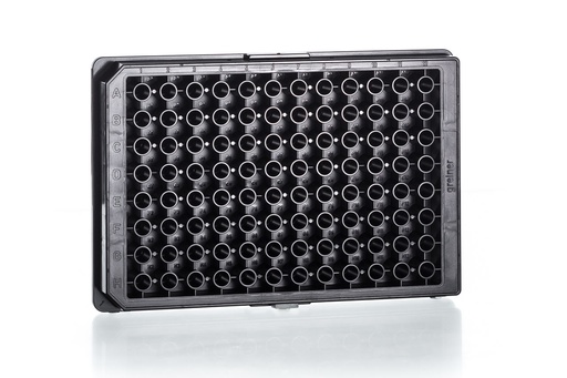 [675086] 96W Half Area CELLSTAR Plate, PS, TC Treated, Sterile, Flat Bottom, Chimney Style, Black, w/Lid, Case of 32