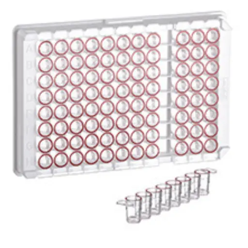 [705063] 96W C8 Single-break MICROLON 200 Strip Plate, PS, Medium Binding, 1x8 Break-Apart C-Bottom (Flat w/curved edge) Strips, Clear Wells w/Red Rim, Case of 100