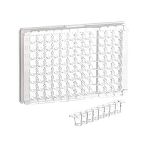 [705064] 96W C8 Single-break MICROLON 200 Strip Plate, PS, Medium Binding, 1x8 Break-Apart C-Bottom (Flat w/curved edge) Strips, Clear Wells w/Blue Rim, Case of 100