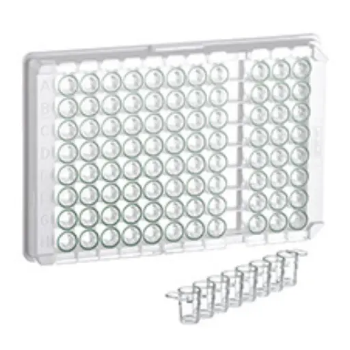 [705065] 96W C8 Single-break MICROLON 200 Strip Plate, PS, Medium Binding, 1x8 Break-Apart C-Bottom (Flat w/curved edge) Strips, Clear Wells w/Green Rim, Case of 100