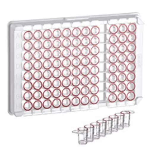 [705073] 96W C8 Single-break MICROLON 600 Strip Plate, PS, High Binding, 1x8 Break-Apart C-Bottom (Flat w/curved edge) Strips, Clear Wells w/Red Rim, Case of 100