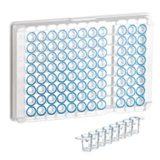 [705074] 96W C8 Single-break MICROLON 600 Strip Plate, PS, High Binding, 1x8 Break-Apart C-Bottom (Flat w/curved edge) Strips, Clear Wells w/Blue Rim, Case of 100