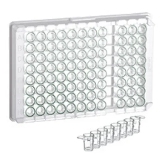 [705075] Greiner Bio-One 96W C8 Single-break MICROLON 600 Strip Plate, PS, High Binding, 1 x 8 Break-Apart C-Bottom (Flat w/curved edge) strips, Clear Wells w/Green Rim