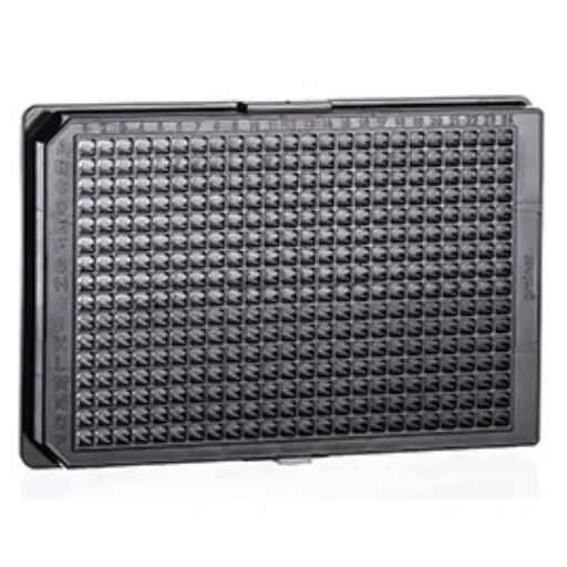 [781976-SIN] 384W Cell-Repellent Plate, PS, Sterile, Flat Bottom, Black uClear, w/Lid, Case of 32