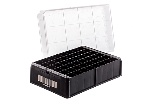 48-way Datamatrix RACK for 1 & 2 mL Cryo.s, PP, Black w/Natural Low Lid, pre-barcoded, Case of 20