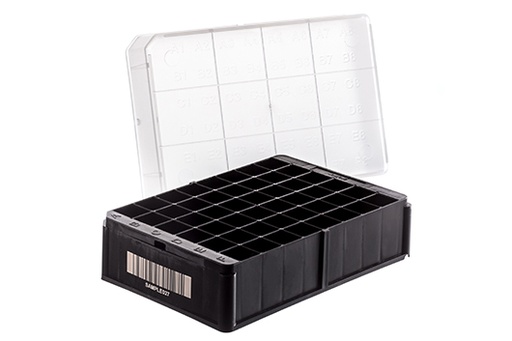 [803202-2DG] 48-way Datamatrix RACK for 1 & 2 mL Cryo.s, PP, Black w/Natural Low Lid, pre-barcoded, Case of 20